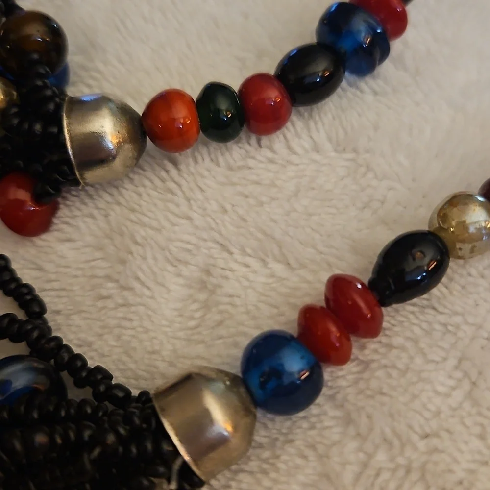 Vintage Indian Black and Multicolor Rainbow Glass Beaded Multi-strand Necklace